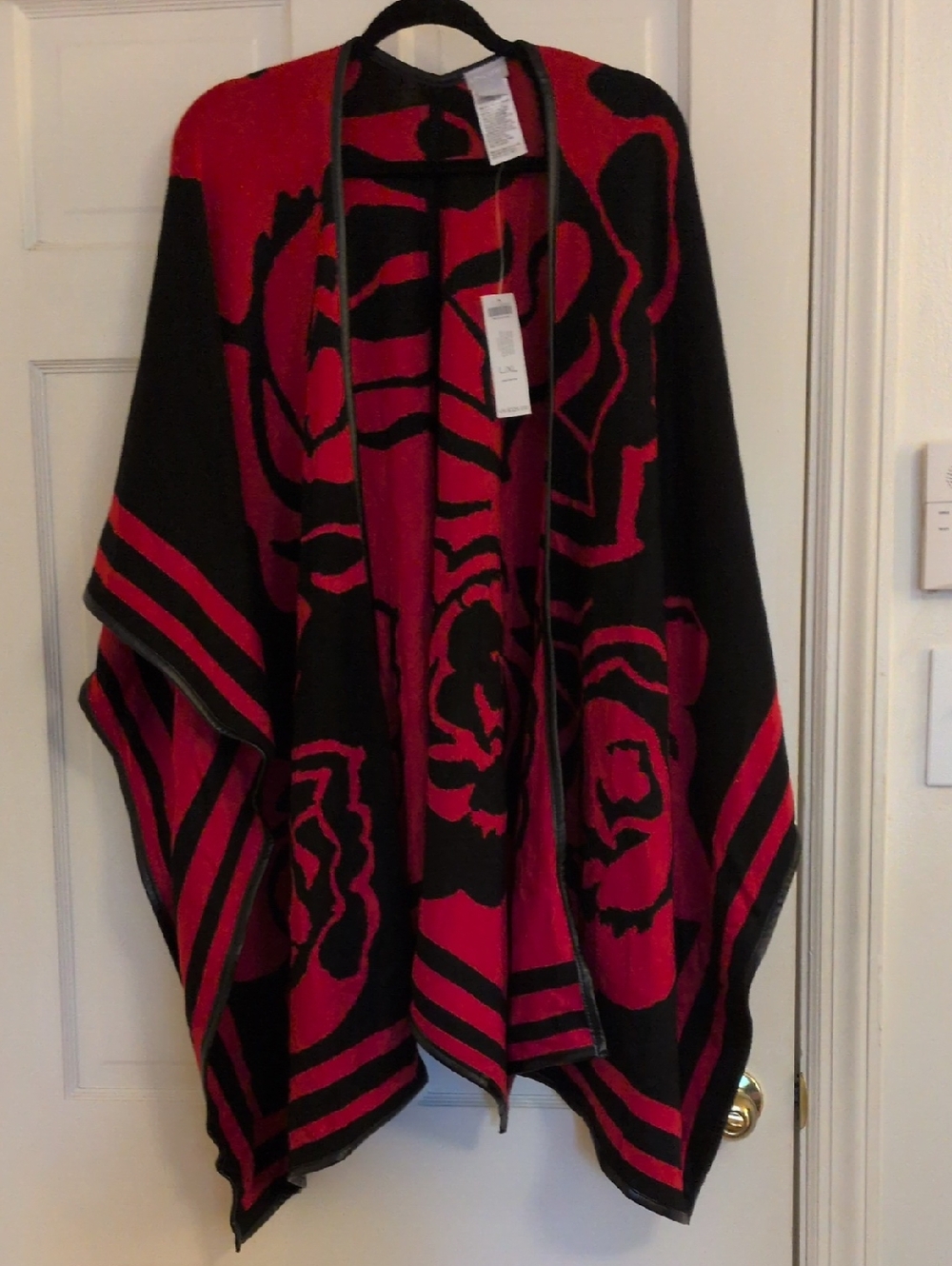 Chico's Black & Red Floral Jacquard Open Poncho Wrap